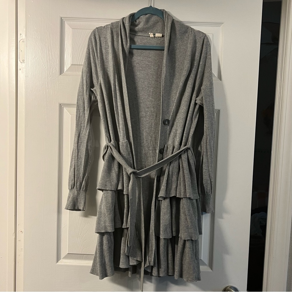 Moth Grey Ruffled Cardigan from Anthropologie, Size Medium